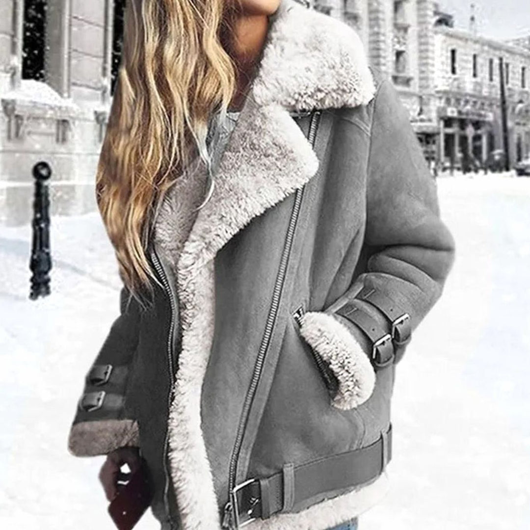 Women's Faux Sherpa-Lined Suede Moto Jacket Oversized Collar - Grey