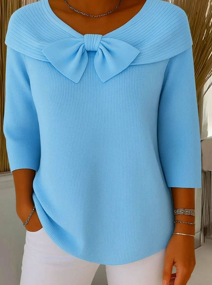 Women's Fitted Elegant Sweater Ribbed Knit Bow-Detail Top - Blue