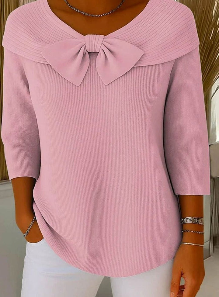 Women's Fitted Elegant Sweater Ribbed Knit Bow-Detail Top - Pink