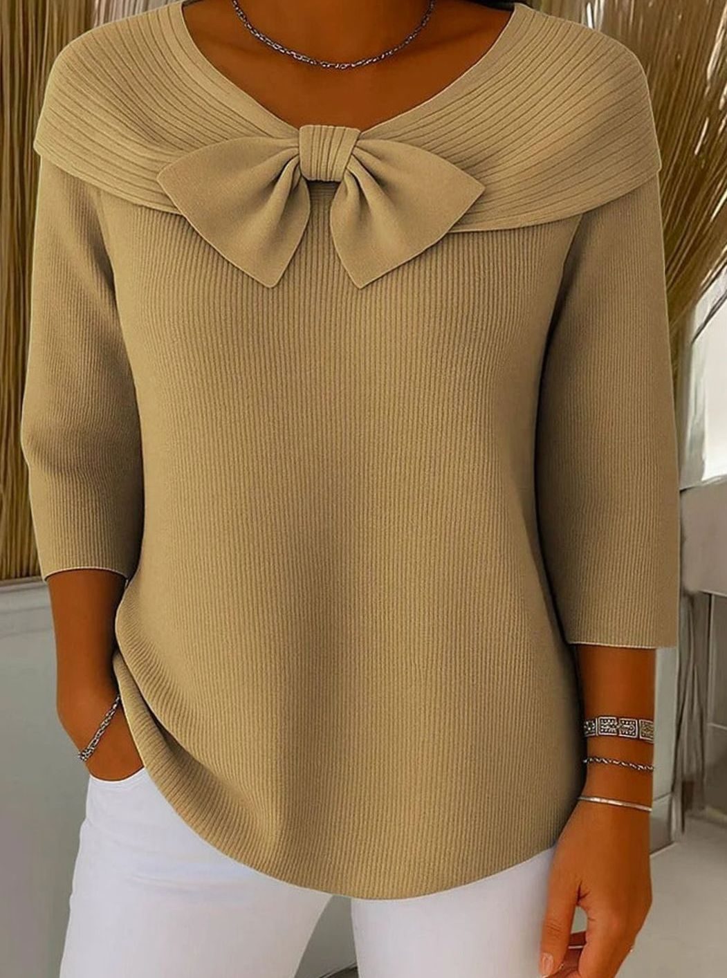 Women's Fitted Elegant Sweater Ribbed Knit Bow-Detail Top - Khaki