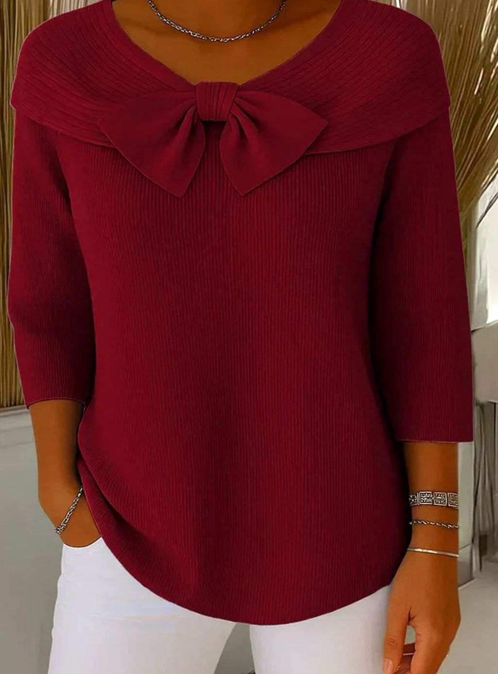 Women's Fitted Elegant Sweater Ribbed Knit Bow-Detail Top - Red