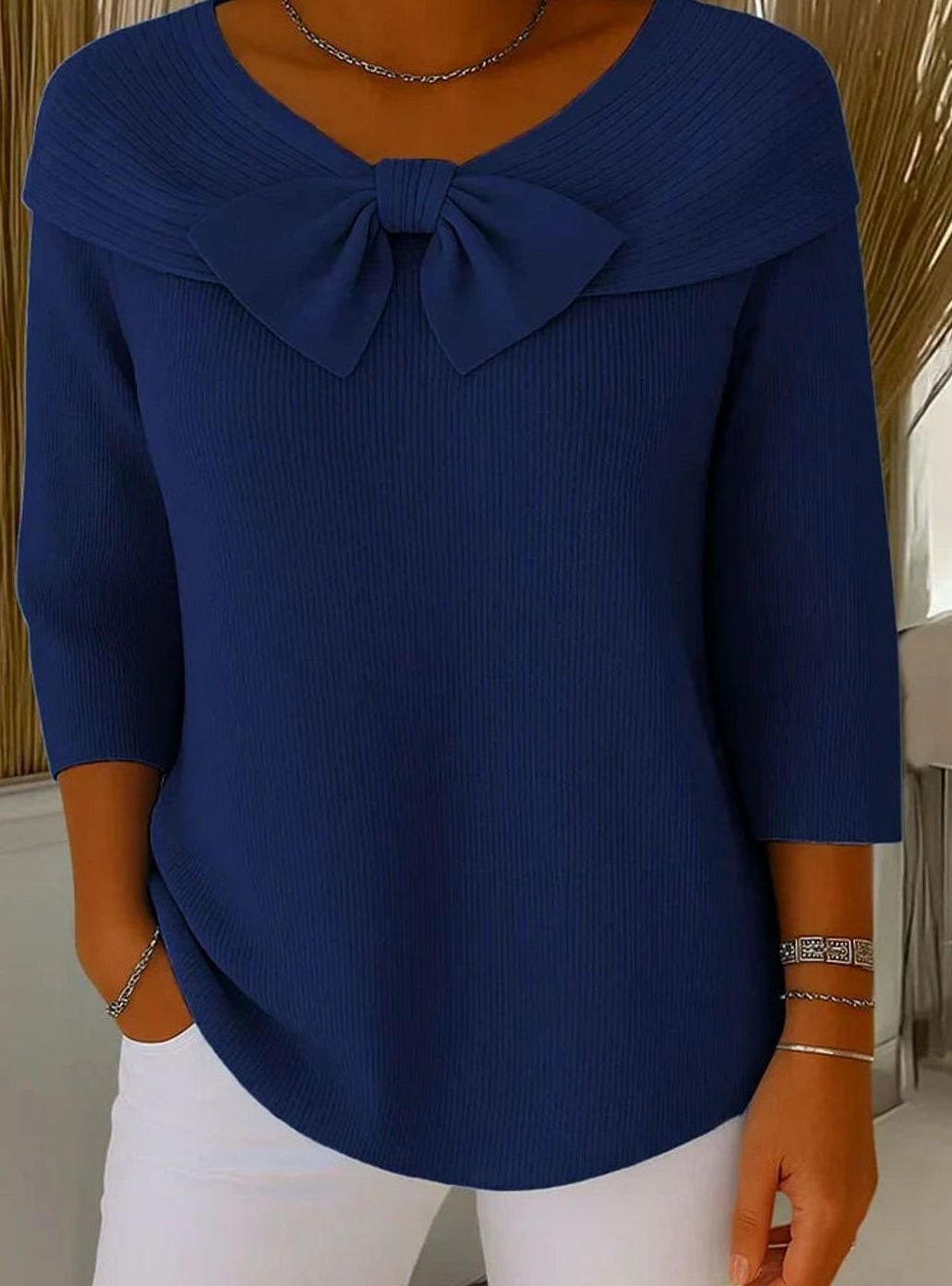 Women's Fitted Elegant Sweater Ribbed Knit Bow-Detail Top - Dark Blue