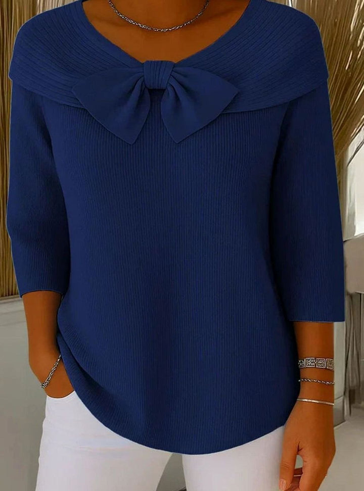 Women's Fitted Elegant Sweater Ribbed Knit Bow-Detail Top - Dark Blue