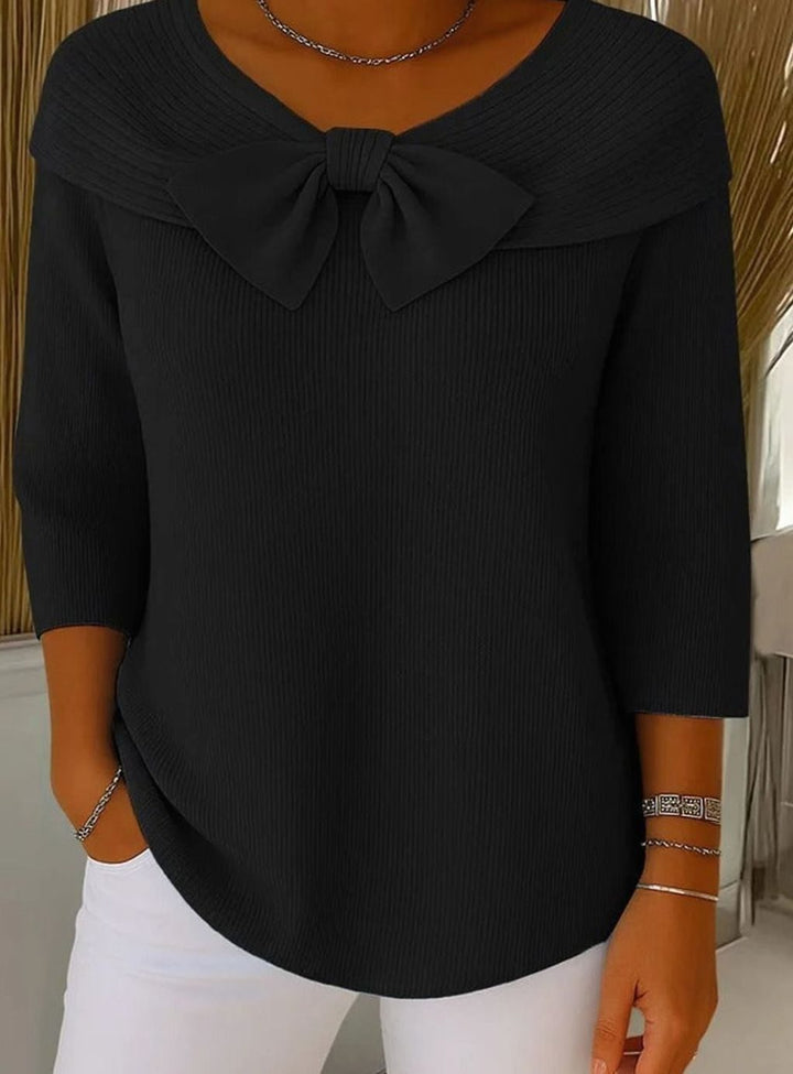 Women's Fitted Elegant Sweater Ribbed Knit Bow-Detail Top - Black