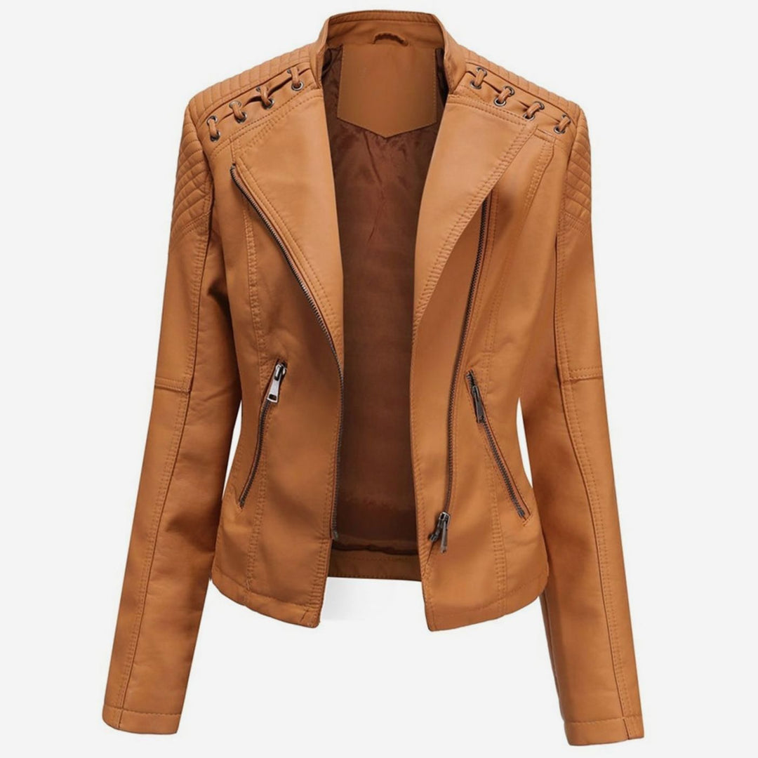 Women's Fitted Faux Leather Zipper Front Jacket Quilted Shoulder Detail - Camel
