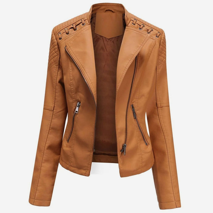 Women's Fitted Faux Leather Zipper Front Jacket Quilted Shoulder Detail - Camel