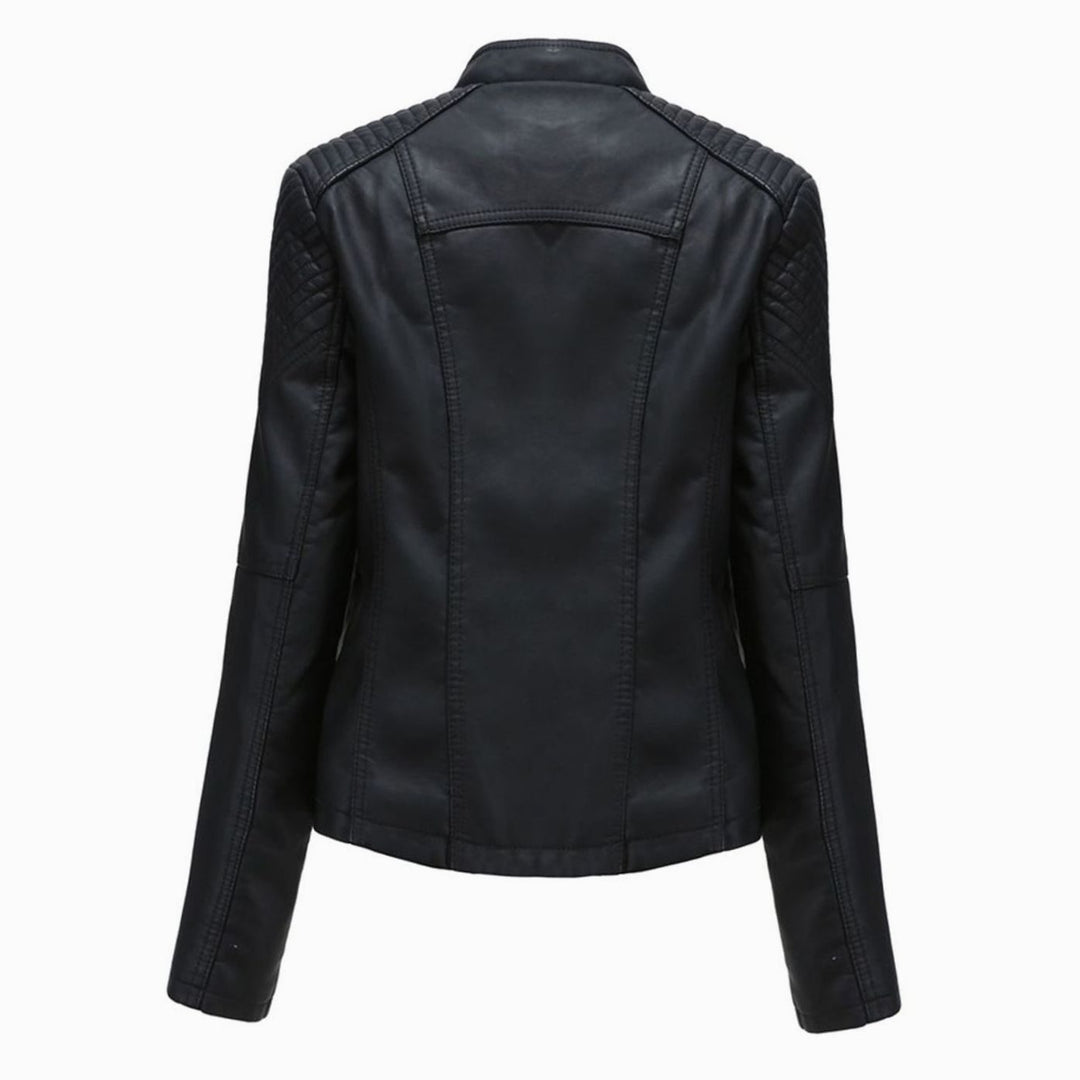Women's Fitted Faux Leather Zipper Front Jacket Quilted Shoulder Detail