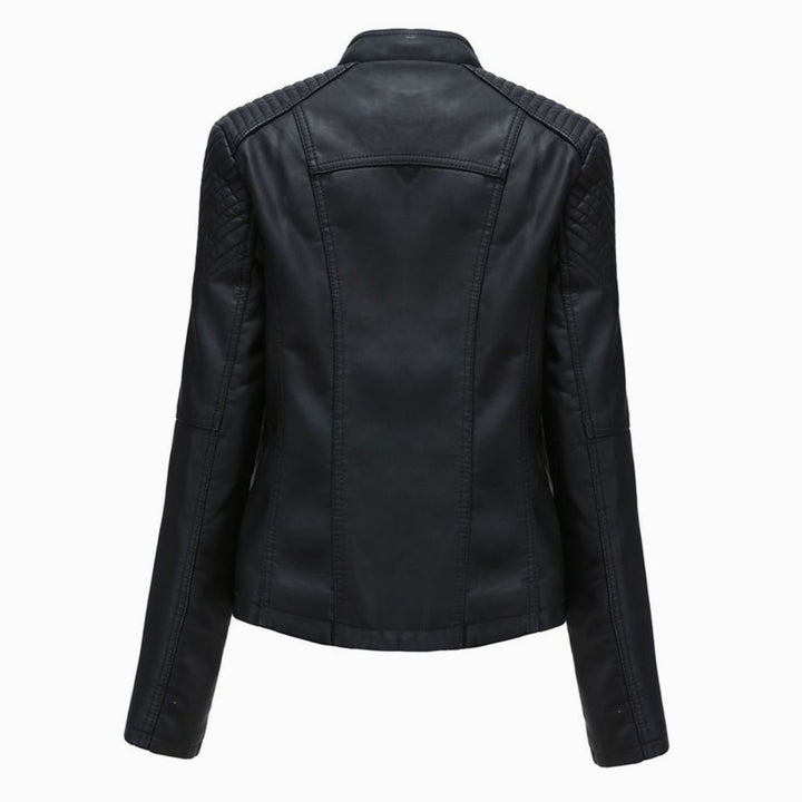 Women's Fitted Faux Leather Zipper Front Jacket Quilted Shoulder Detail