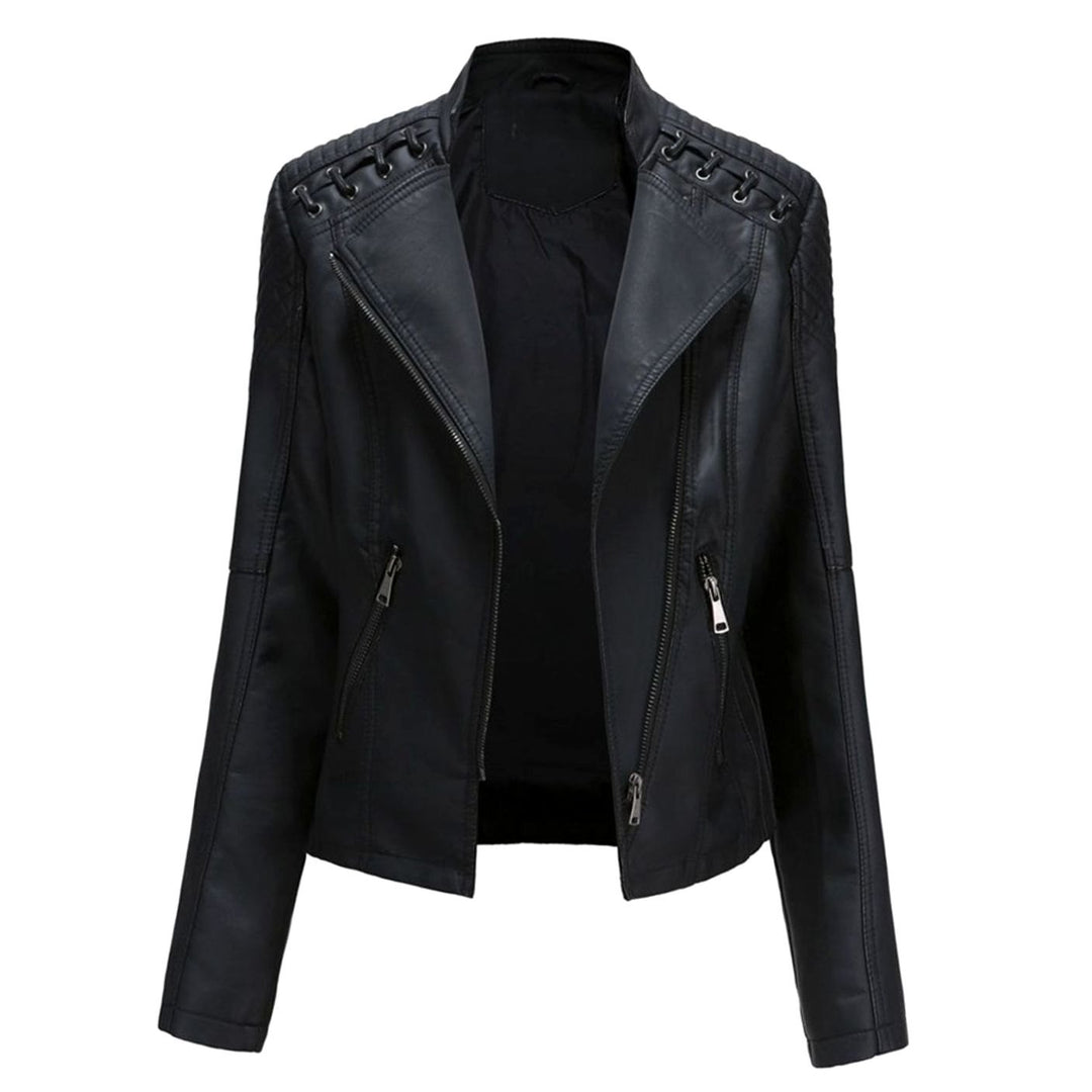 Women's Fitted Faux Leather Zipper Front Jacket Quilted Shoulder Detail - Black
