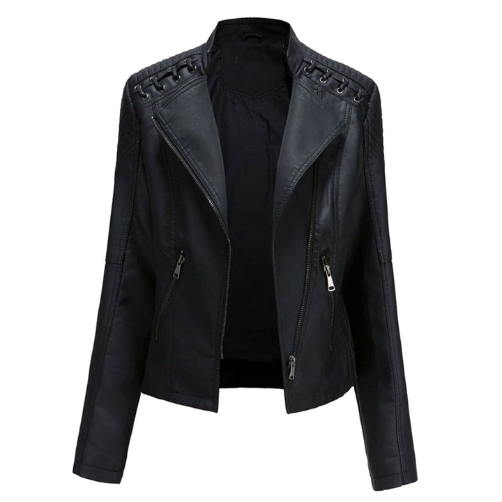 Women's Fitted Faux Leather Zipper Front Jacket Quilted Shoulder Detail - Black