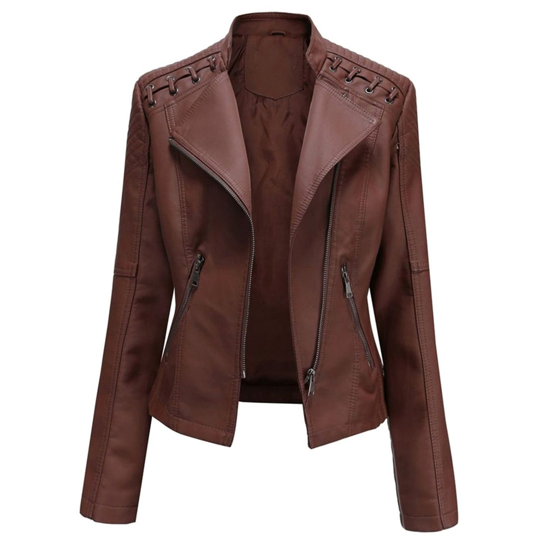 Women's Fitted Faux Leather Zipper Front Jacket Quilted Shoulder Detail - Coffee