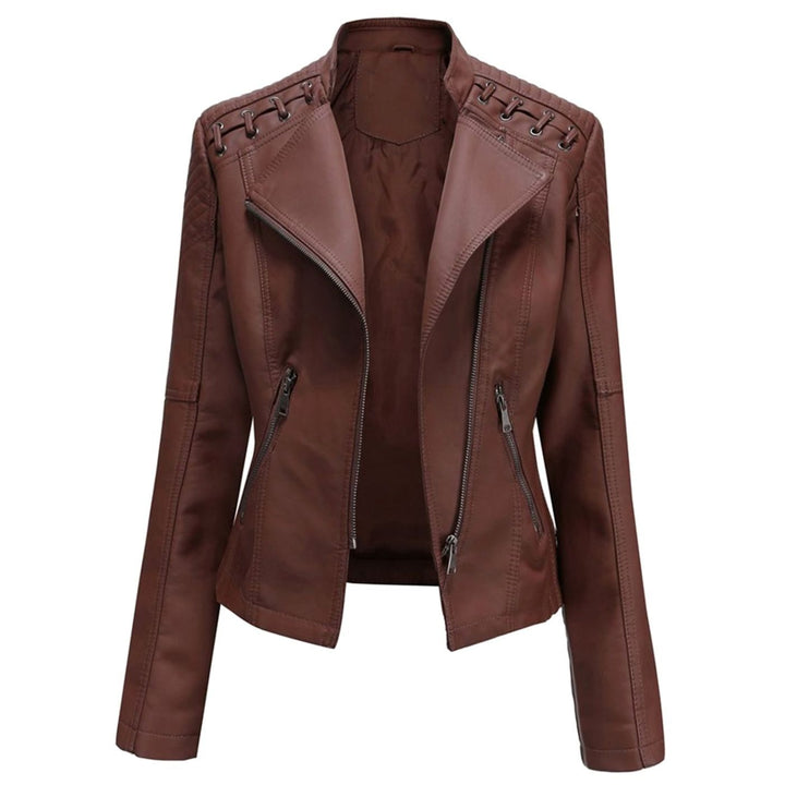 Women's Fitted Faux Leather Zipper Front Jacket Quilted Shoulder Detail - Coffee