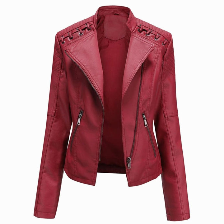 Women's Fitted Faux Leather Zipper Front Jacket Quilted Shoulder Detail - Burgundy