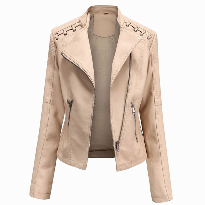 Women's Fitted Faux Leather Zipper Front Jacket Quilted Shoulder Detail - Khaki