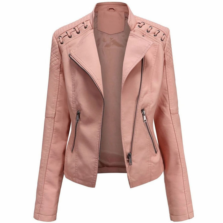 Women's Fitted Faux Leather Zipper Front Jacket Quilted Shoulder Detail - Pink
