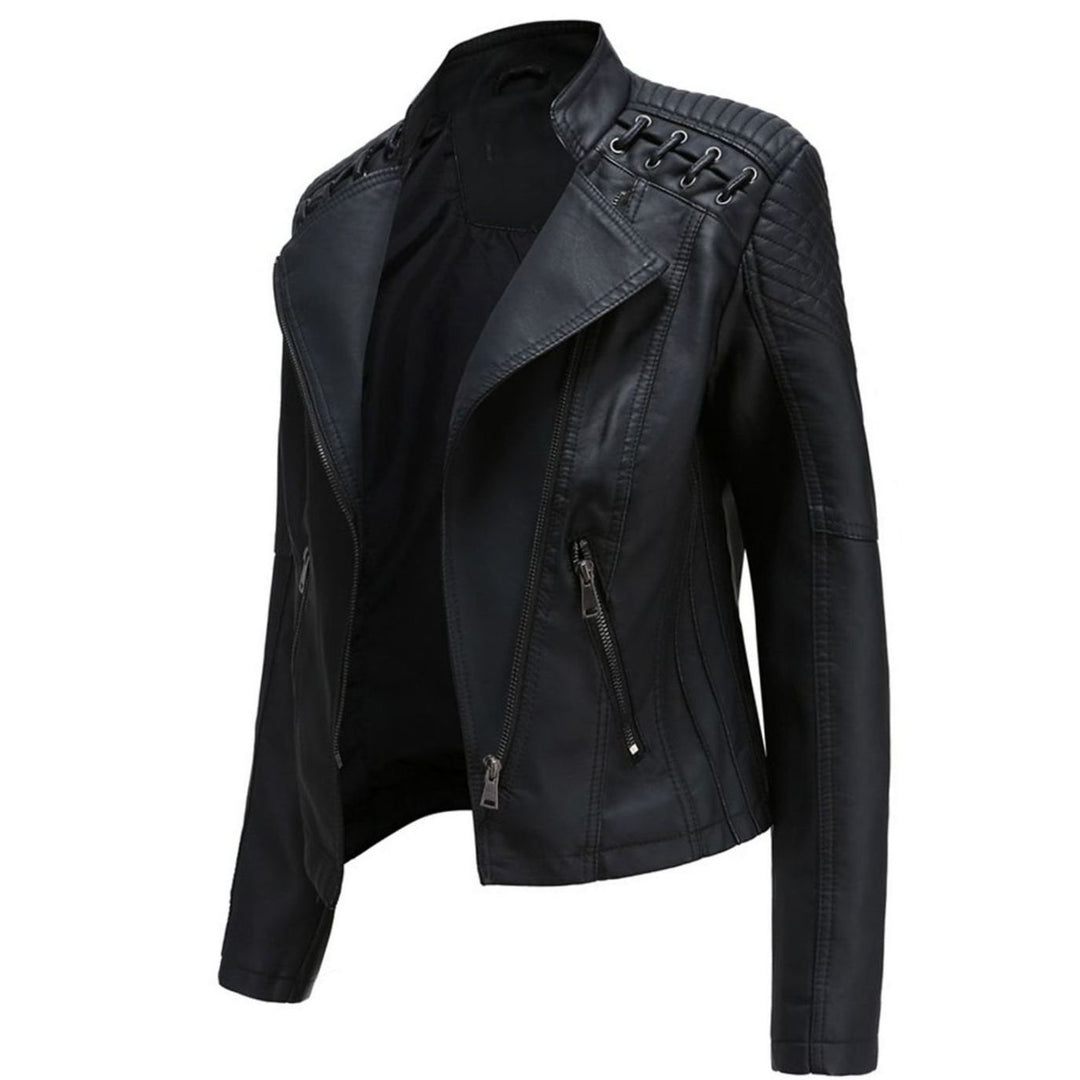 Women's Fitted Faux Leather Zipper Front Jacket Quilted Shoulder Detail