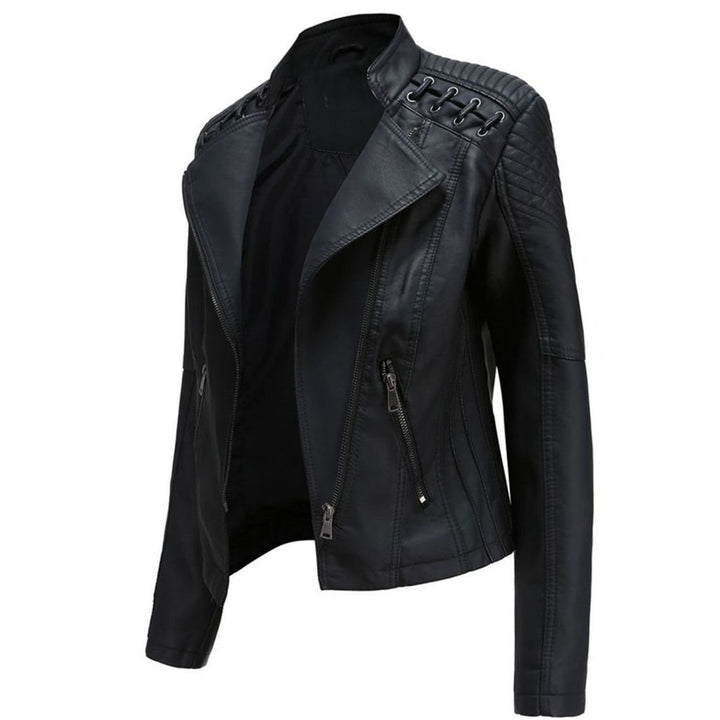 Women's Fitted Faux Leather Zipper Front Jacket Quilted Shoulder Detail