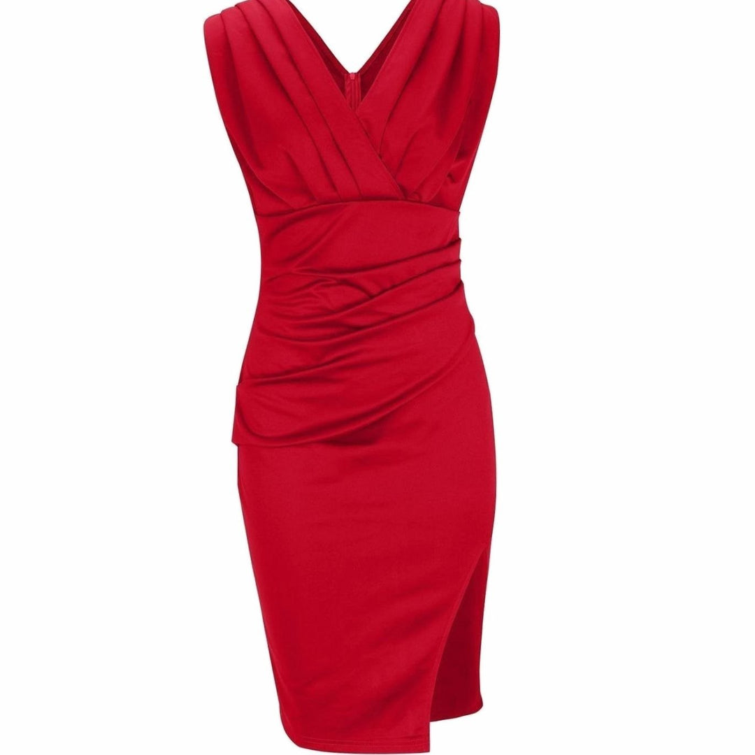 Women's Fitted Ruched V-Neck Dress Side-Slit Bodycon Midi