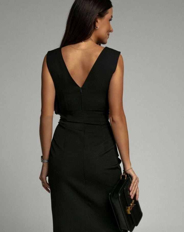 Women's Fitted Ruched V-Neck Dress Side-Slit Bodycon Midi