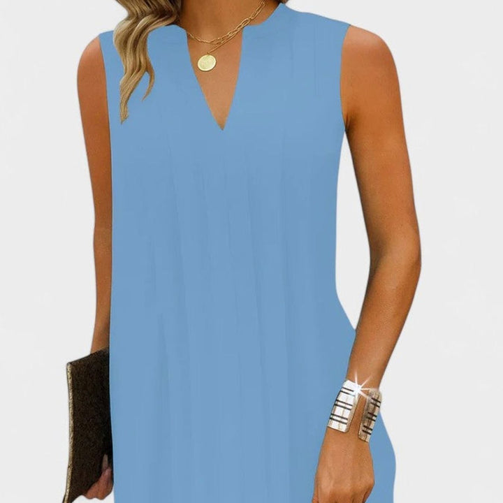 Women's Flattering V-Neck Pleated Sleeveless Midi Dress - Blue