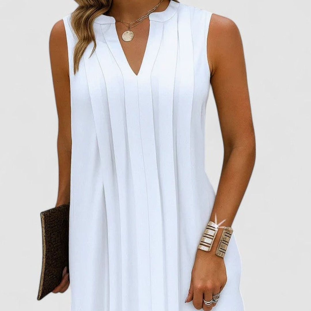 Women's Flattering V-Neck Pleated Sleeveless Midi Dress - White