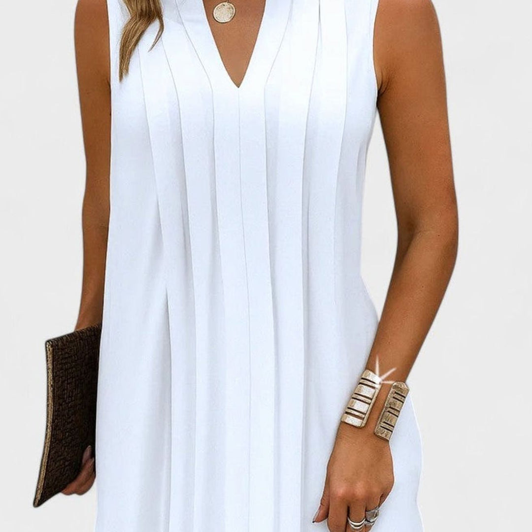 Women's Flattering V-Neck Pleated Sleeveless Midi Dress