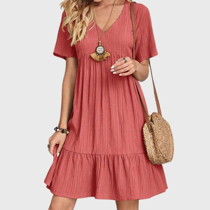 Women's Flattering V-Neck Short-Sleeve Tiered Babydoll Dress - Red