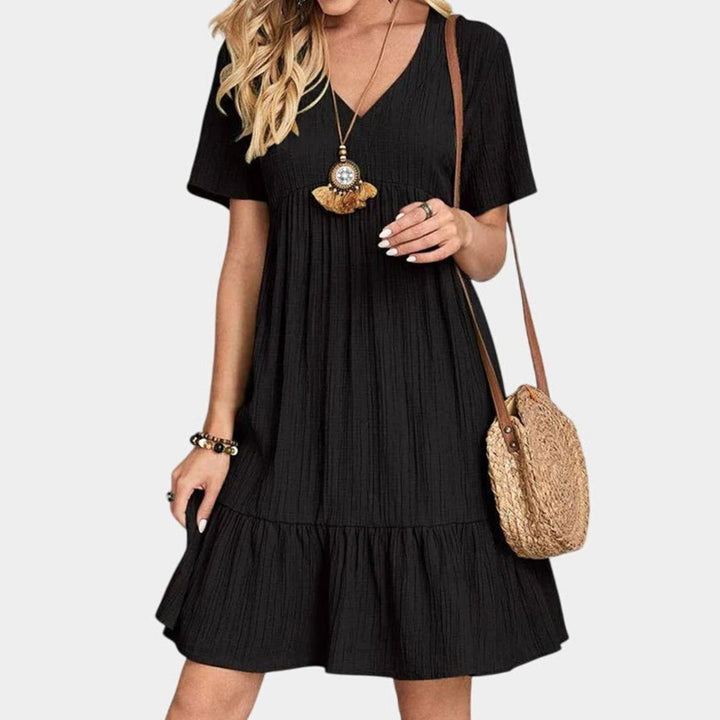 Women's Flattering V-Neck Short-Sleeve Tiered Babydoll Dress - Black