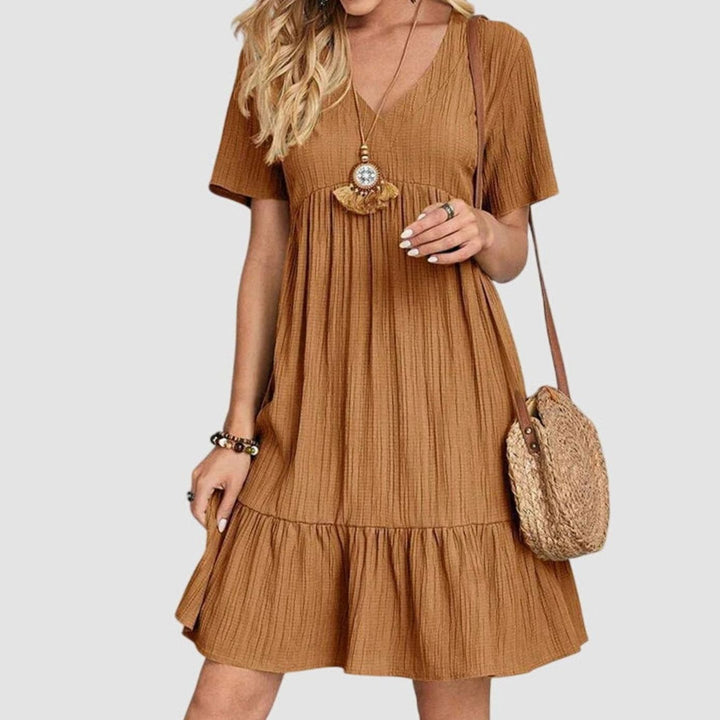 Women's Flattering V-Neck Short-Sleeve Tiered Babydoll Dress - Khaki