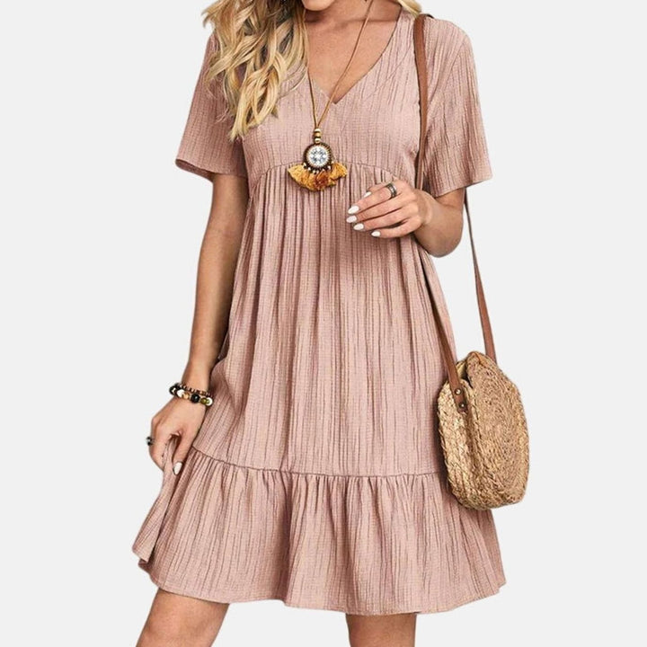 Women's Flattering V-Neck Short-Sleeve Tiered Babydoll Dress - Pink