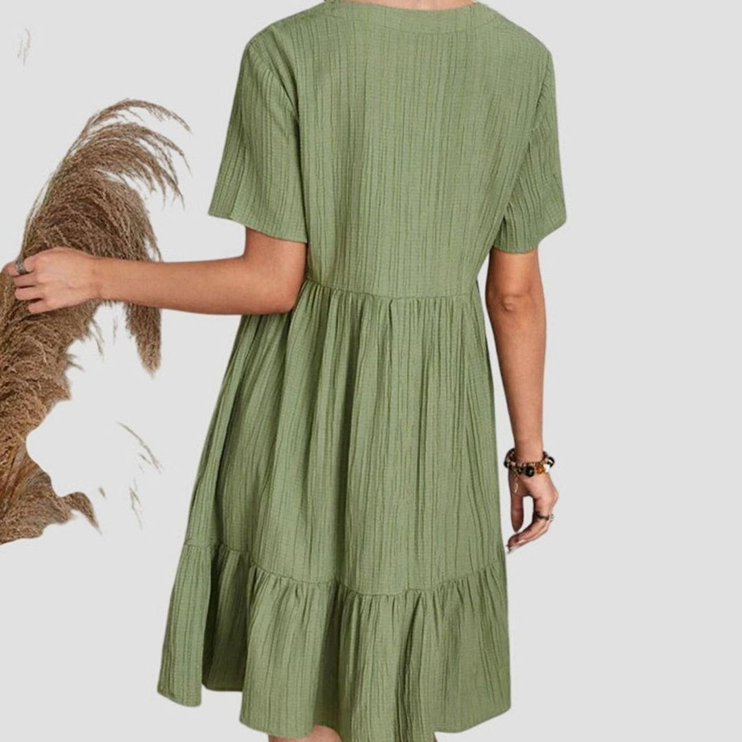 Women's Flattering V-Neck Short-Sleeve Tiered Babydoll Dress