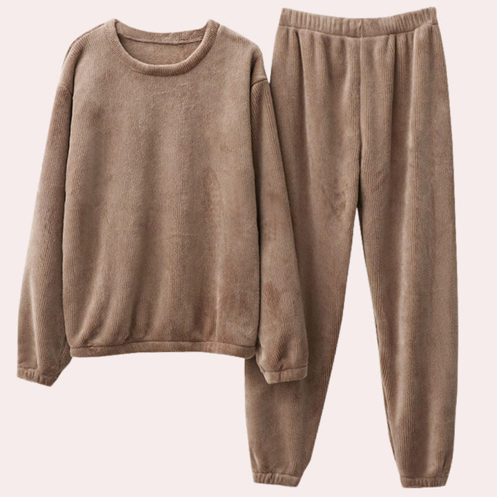 Women's Fleece Crewneck Relaxed Two-Piece Lounge Outfit Set - Brown