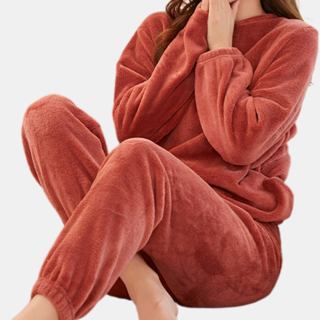 Women's Fleece Crewneck Relaxed Two-Piece Lounge Outfit Set - Red