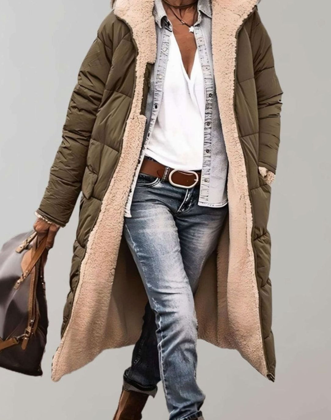 Women's Fleece-Lined Long Quilted Coat Hooded Puffer Jacket