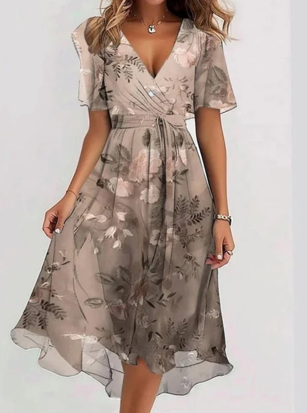 Women's Floral Boho Dress Flutter-Sleeve V-Neck Midi - Brown