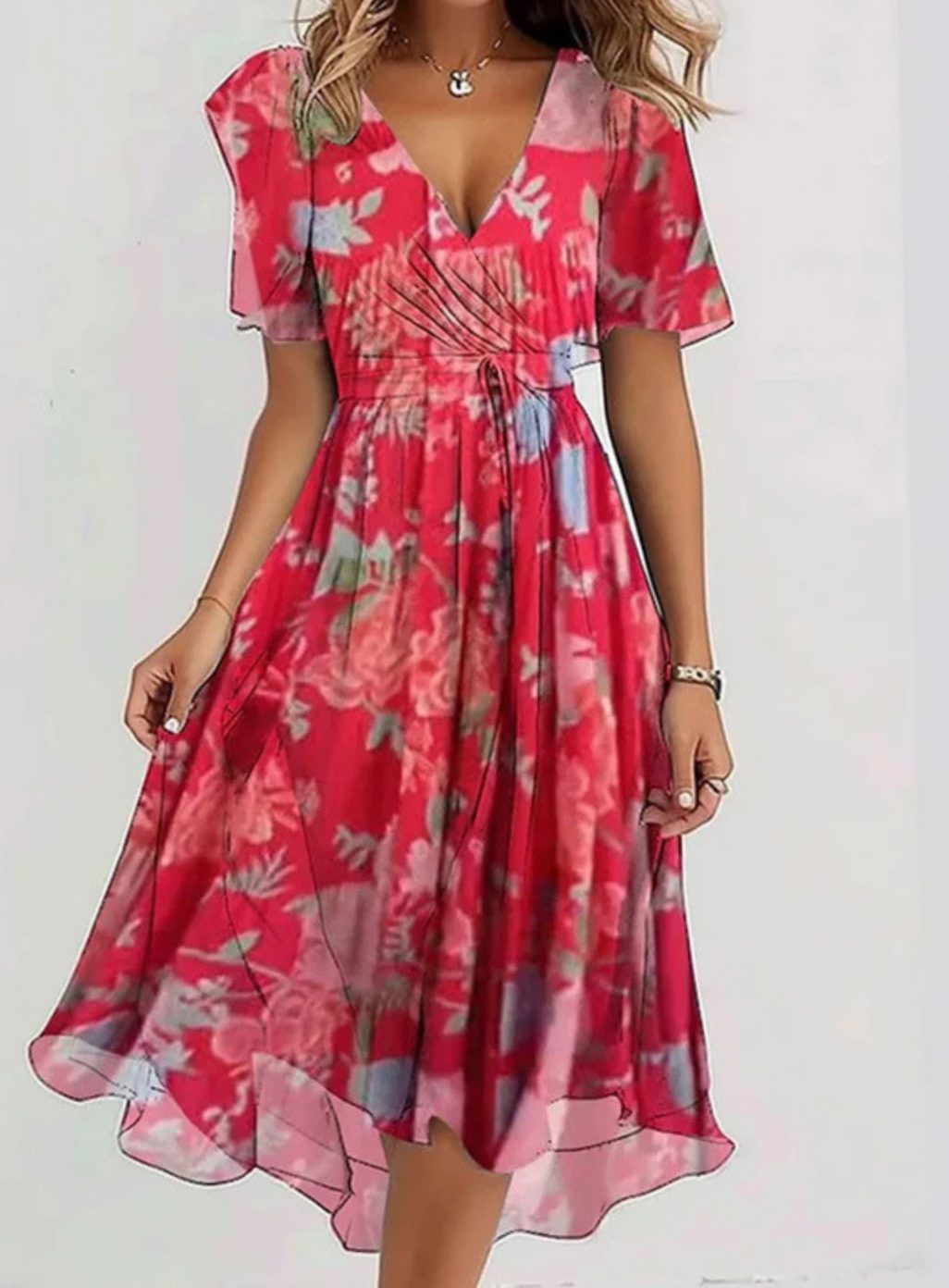 Women's Floral Boho Dress Flutter-Sleeve V-Neck Midi - Red