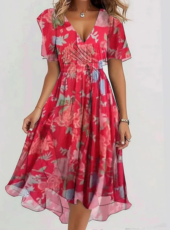 Women's Floral Boho Dress Flutter-Sleeve V-Neck Midi - Red