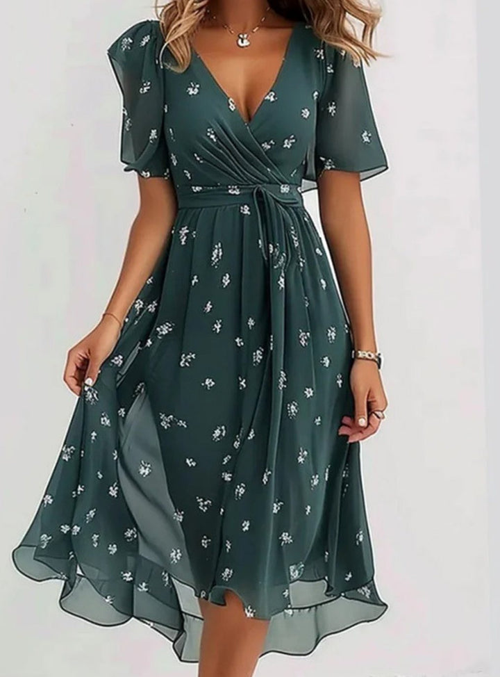 Women's Floral Boho Dress Flutter-Sleeve V-Neck Midi - Green
