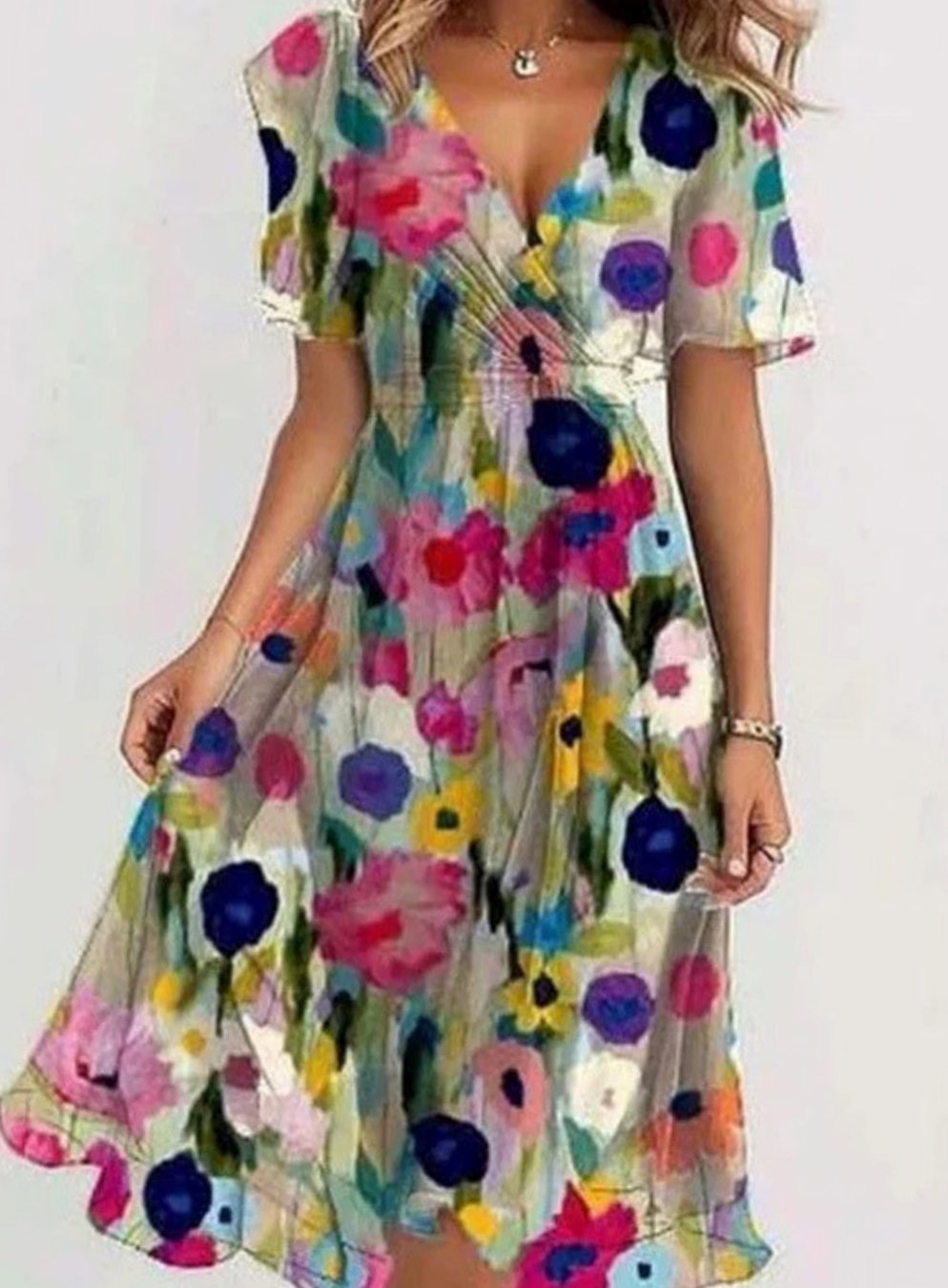 Women's Floral Boho Dress Flutter-Sleeve V-Neck Midi - Multi Color
