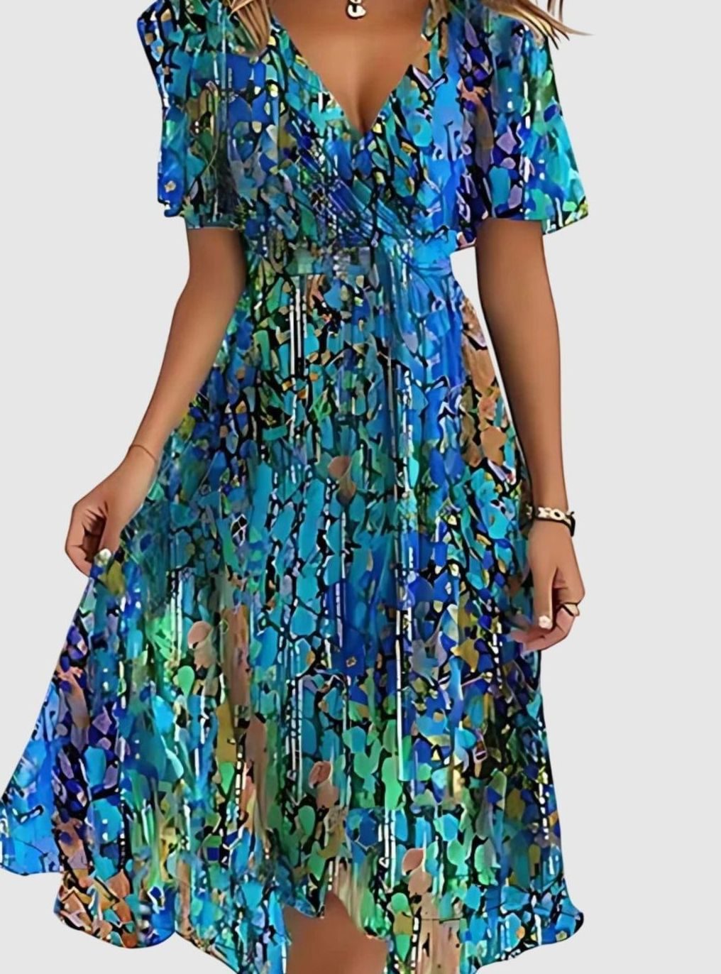 Women's Floral Boho Dress Flutter-Sleeve V-Neck Midi - Blue