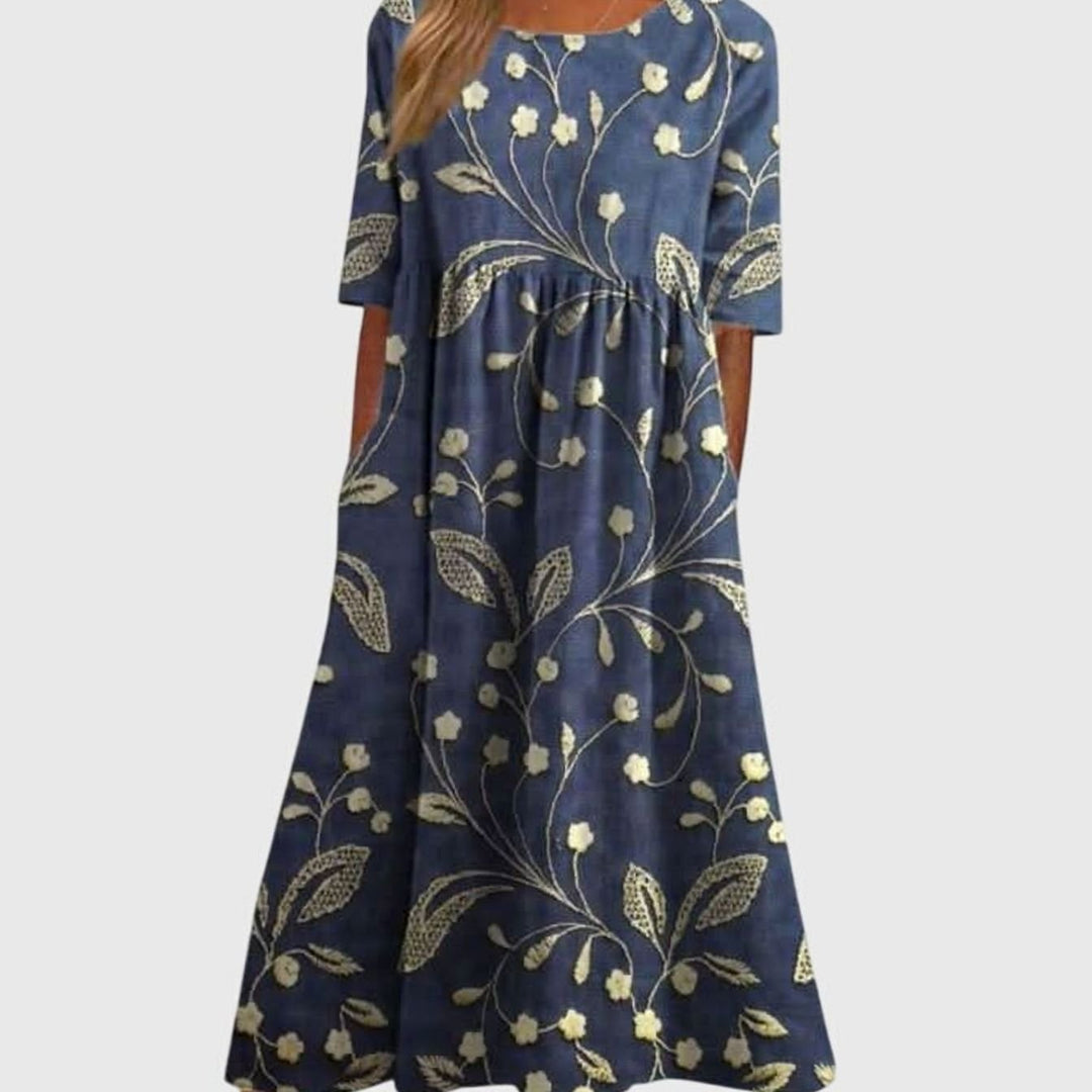 Women's Floral Embroidered Relaxed-Fit Midi Dress Pockets - Navy Blue