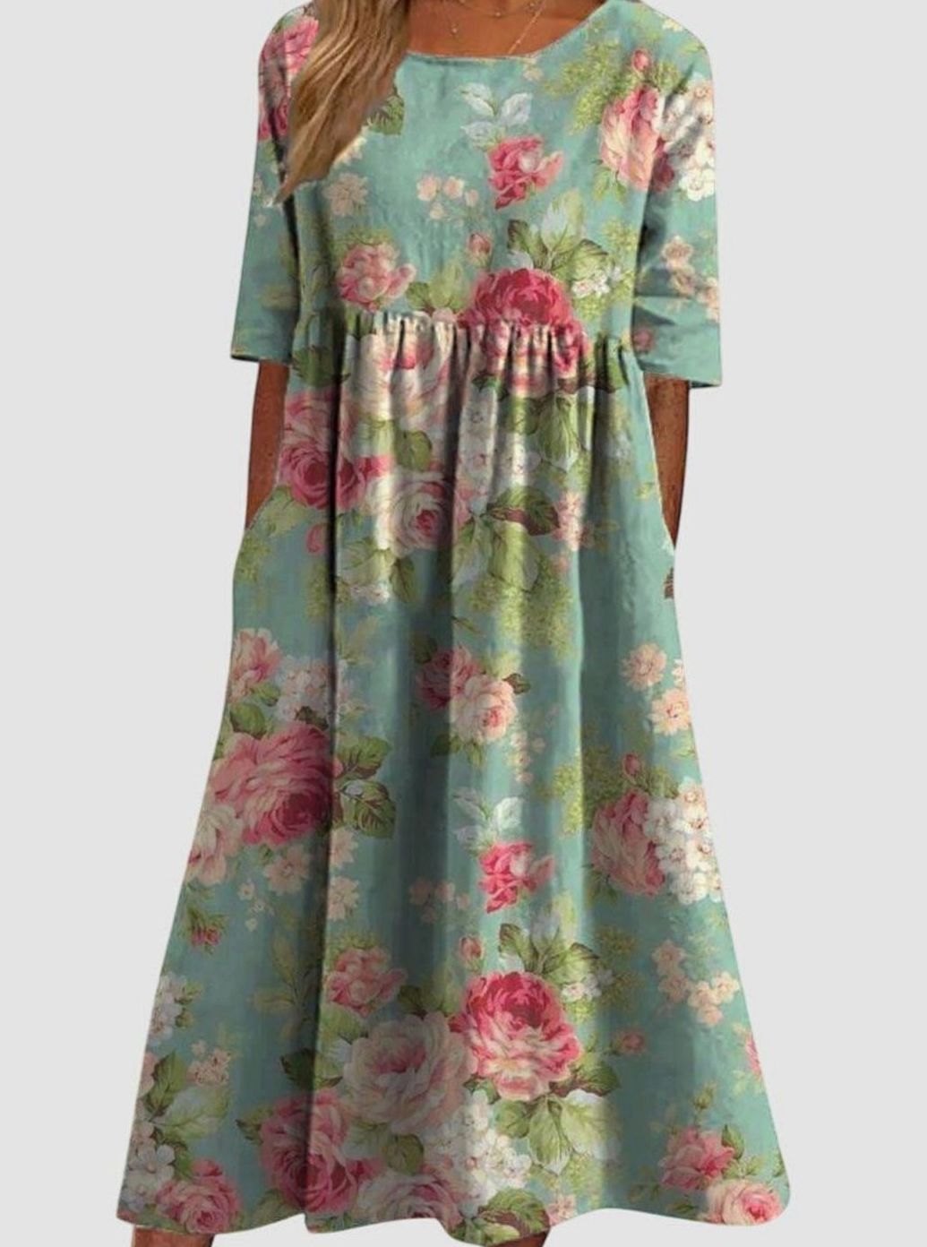 Women's Floral Embroidered Relaxed-Fit Midi Dress Pockets - Mint Green