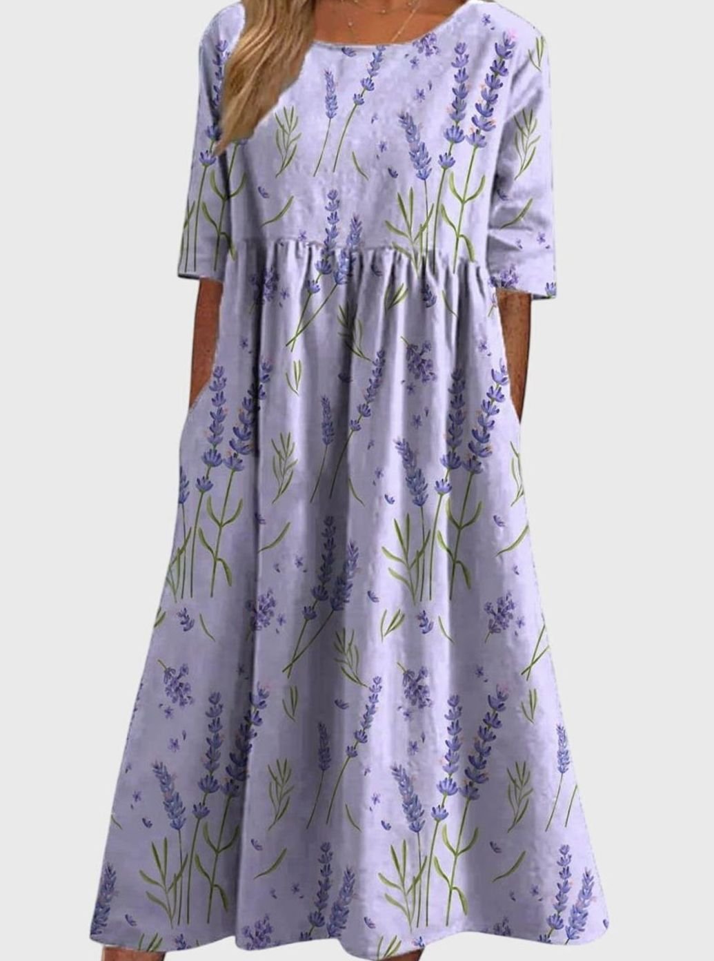 Women's Floral Embroidered Relaxed-Fit Midi Dress Pockets - Lavender