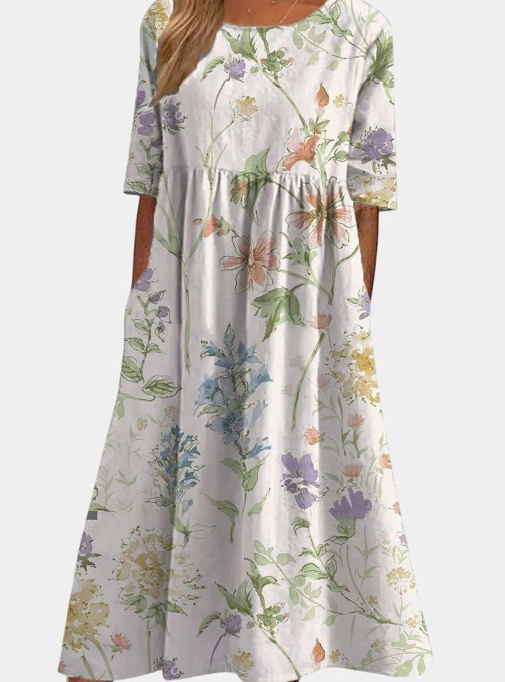 Women's Floral Embroidered Relaxed-Fit Midi Dress Pockets - White