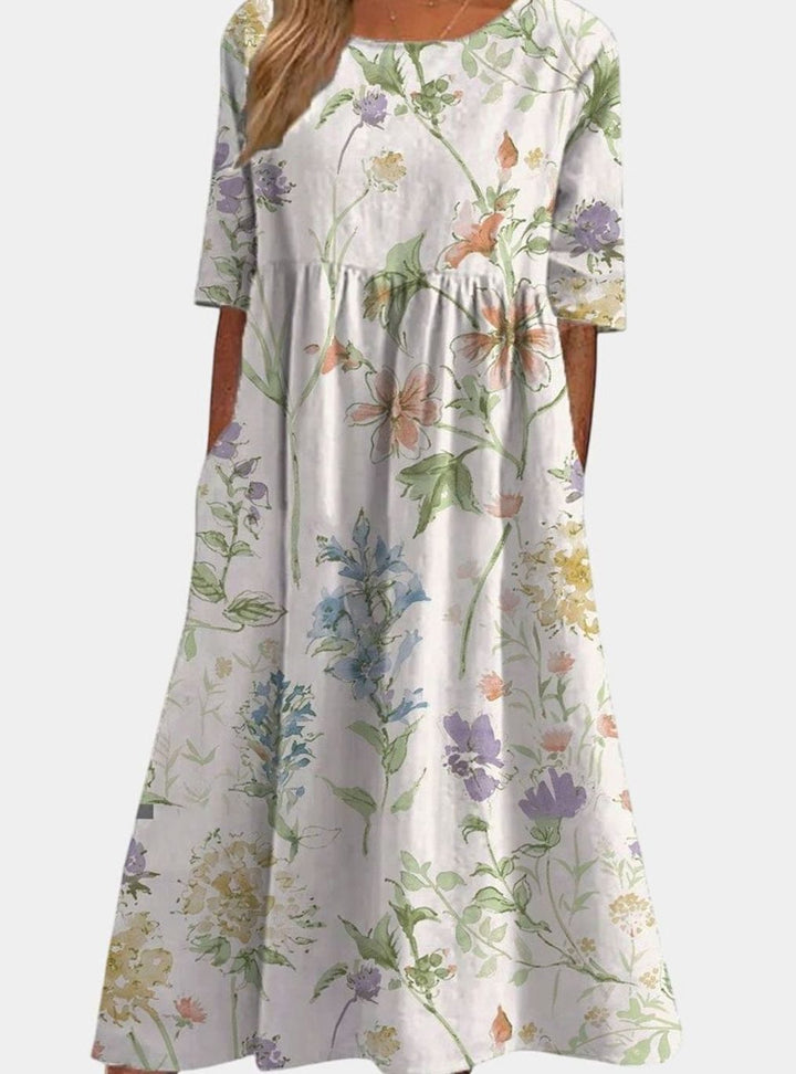 Women's Floral Embroidered Relaxed-Fit Midi Dress Pockets - White