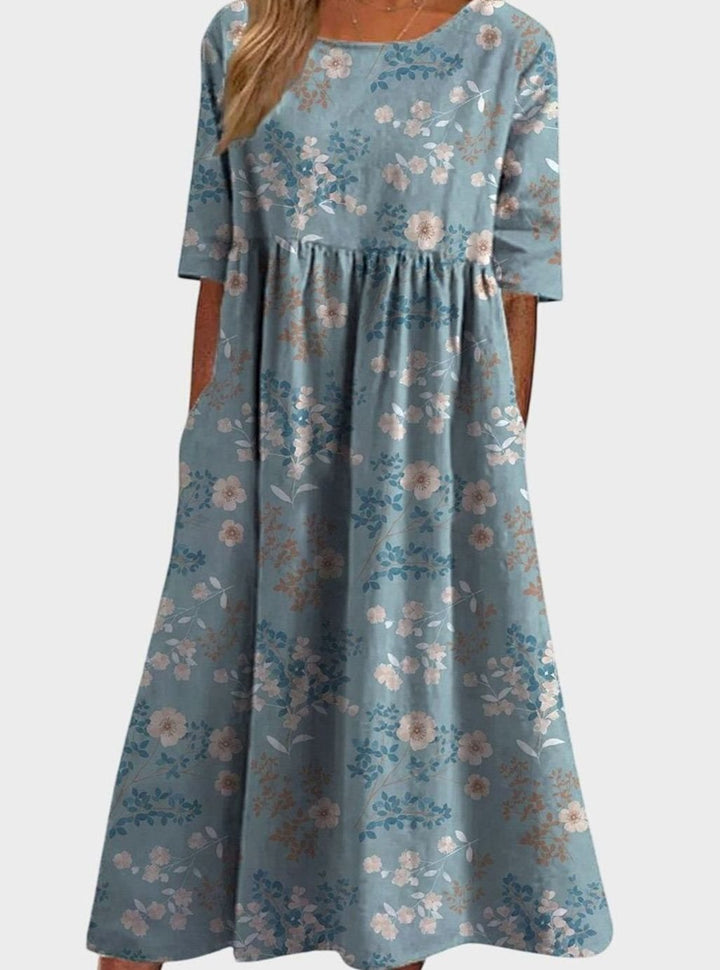 Women's Floral Embroidered Relaxed-Fit Midi Dress Pockets - Light Blue