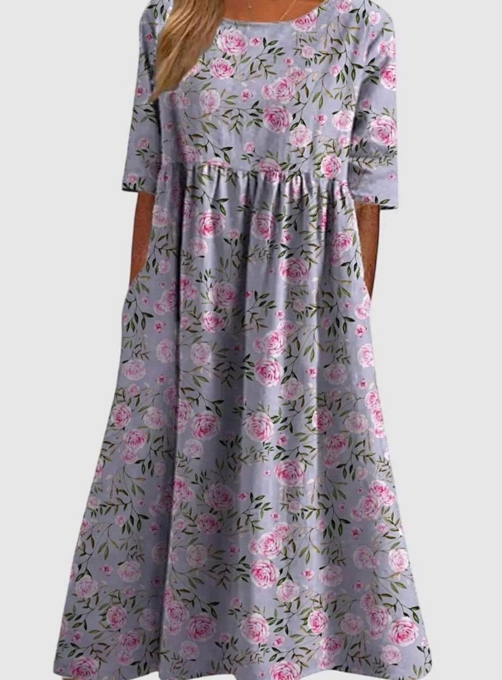 Women's Floral Embroidered Relaxed-Fit Midi Dress Pockets - Dusty Lilac