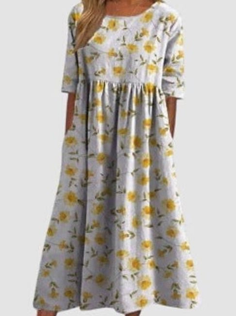 Women's Floral Embroidered Relaxed-Fit Midi Dress Pockets - Light Yellow