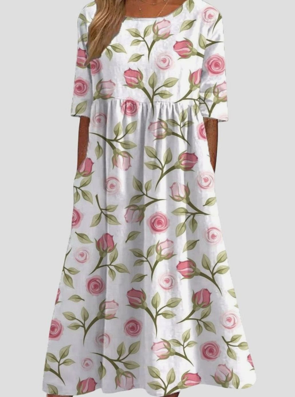 Women's Floral Embroidered Relaxed-Fit Midi Dress Pockets - White Pink