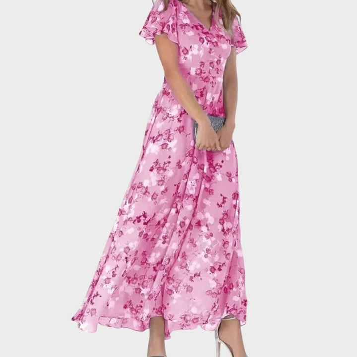 Women's Floral Flutter-Sleeve V-Neck Tailored Maxi Dress - Light Pink